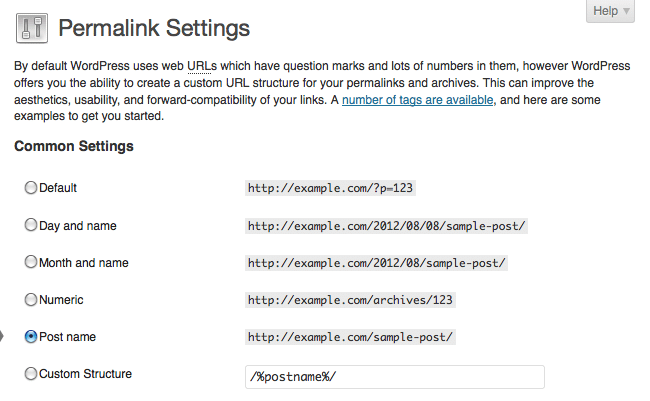 Image of Permalink Settings on WordPress website.  Adjust your permalink settings to include your post name.