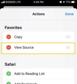 Step 7: Choose View Source any time to view the page HTML in iOS 13.