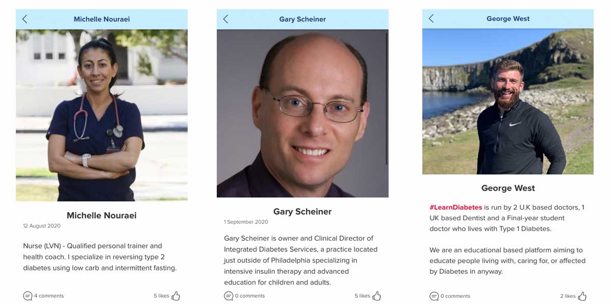 the DMP App features a find a diabetes professional section.  Images of three of the professionals featured in the app.